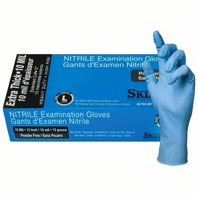 SKINTX 10 mil 12" Nitrile Exam Powder-Free Gloves (10 Boxes of 50 Gloves, 500 Total)
